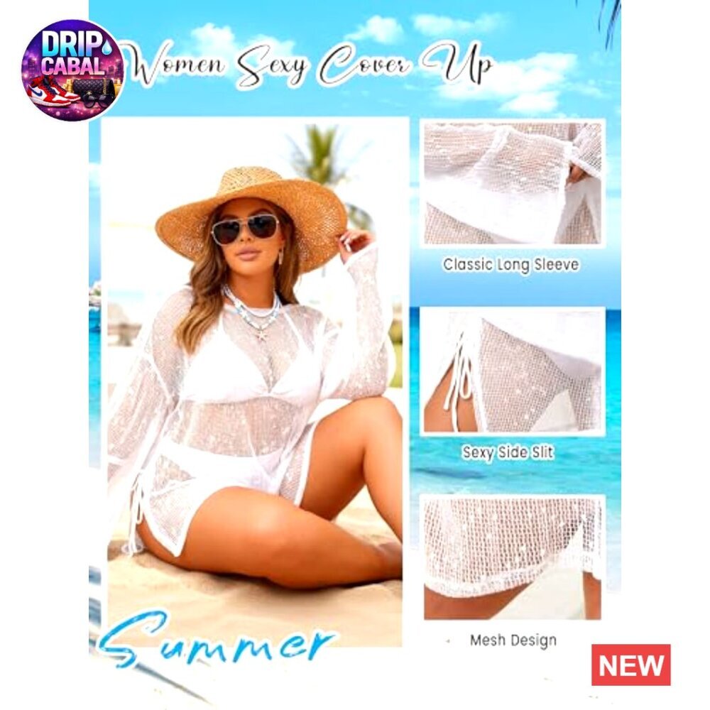 Plus Size Crochet Cover Up Long Sleeve Boat Neck Swimsuit Kaftan Dress - Picture 6 of 7
